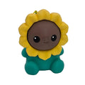Clicker tournesol vu de face, avec pétales jaunes, visage marron cliquable et corps vert.