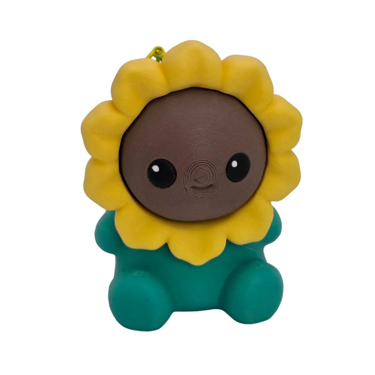 Clicker tournesol vu de face, avec pétales jaunes, visage marron cliquable et corps vert.
