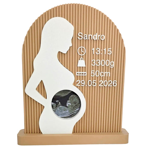 Plaque de naissance personnalisée avec photo d’échographie, prénom et informations de bébé